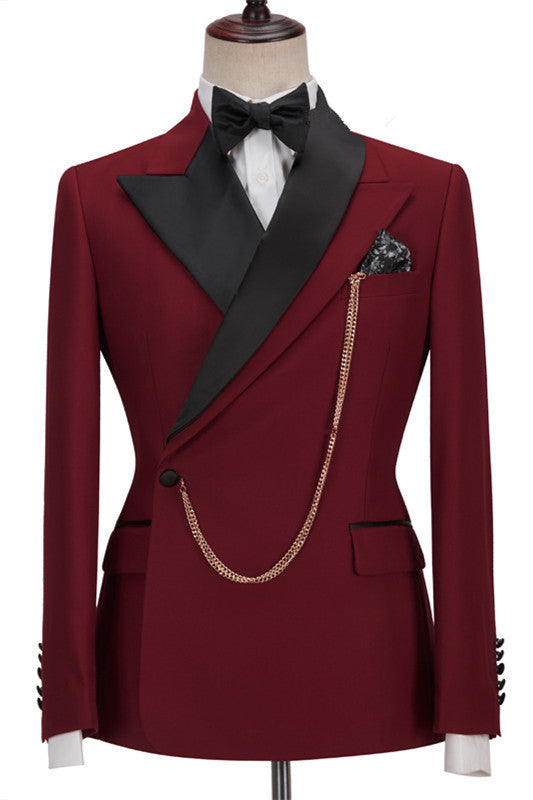 Chic Dark Red Peaked Lapel One Button Men Suits