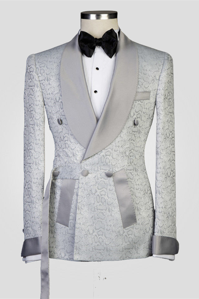 Silver Jacquard Shawl Lapel Double Breasted Men Suits