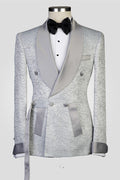 Silver Jacquard Shawl Lapel Double Breasted Men Suits
