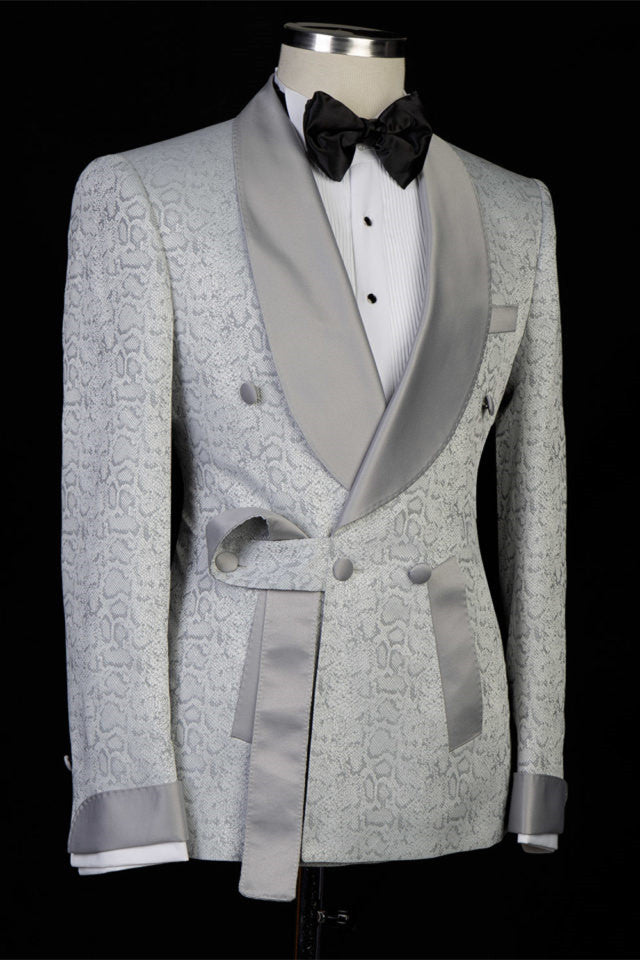 Silver Jacquard Shawl Lapel Double Breasted Men Suits