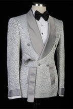 Silver Jacquard Shawl Lapel Double Breasted Men Suits
