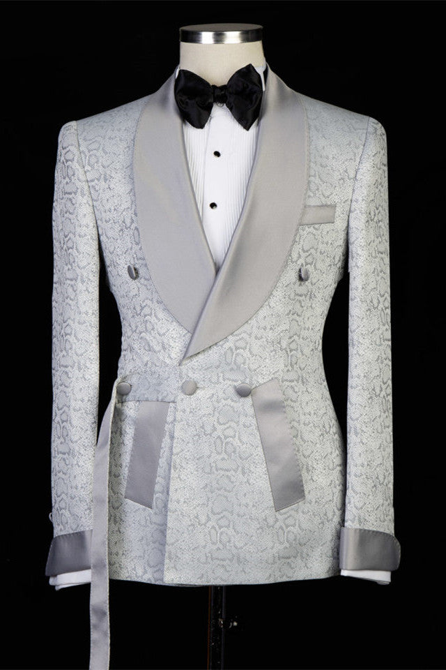 Silver Jacquard Shawl Lapel Double Breasted Men Suits