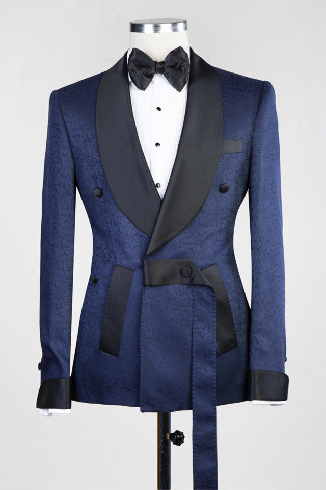 Chic Navy Shawl Lapel Jacquard Double Breasted Men Suit