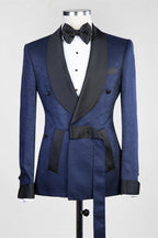 Chic Navy Shawl Lapel Jacquard Double Breasted Men Suit
