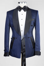Chic Navy Shawl Lapel Jacquard Double Breasted Men Suit