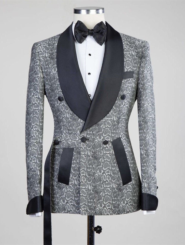 Fancy Gray Shawl Lapel Jacquard Double Breasted Men Suits Main image