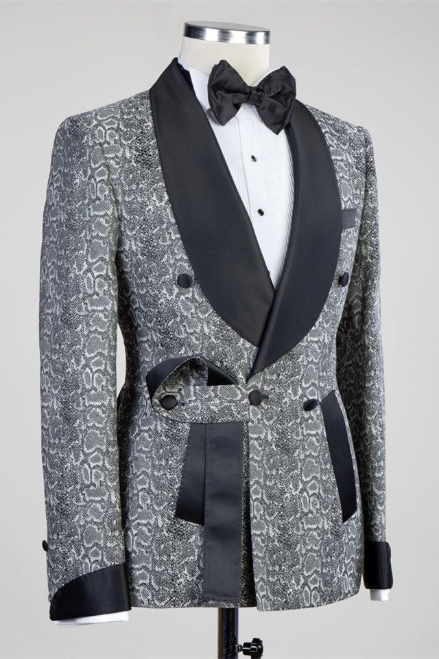 Fancy Gray Shawl Lapel Jacquard Double Breasted Men Suits Secondary image