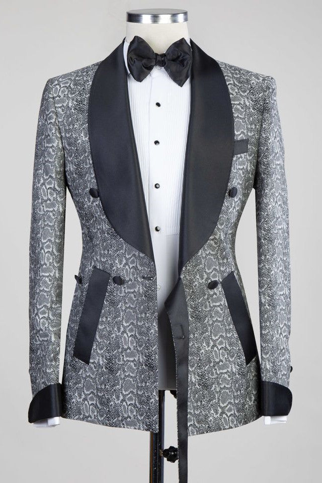 Fancy Gray Shawl Lapel Jacquard Double Breasted Men Suits