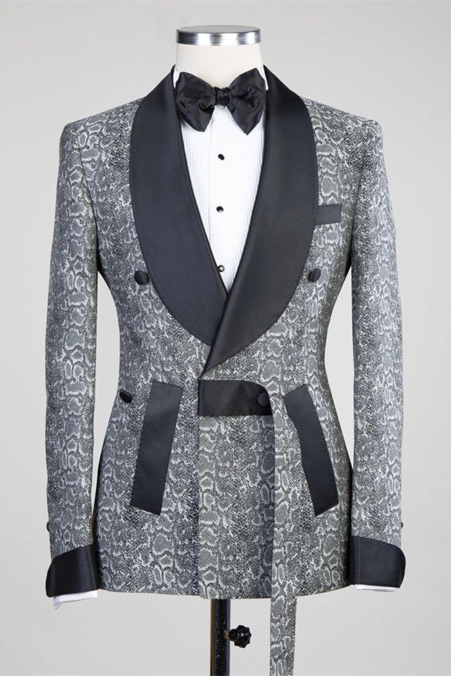 Fancy Gray Shawl Lapel Jacquard Double Breasted Men Suits