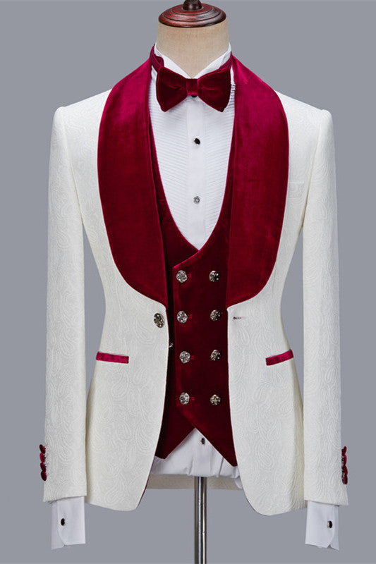 White Jacquard Burgundy Velvet Shawl Lapel 3 Piece Men Suits