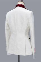White Jacquard Burgundy Velvet Shawl Lapel 3 Piece Men Suits