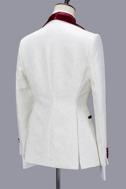 White Jacquard Burgundy Velvet Shawl Lapel 3 Piece Men Suits