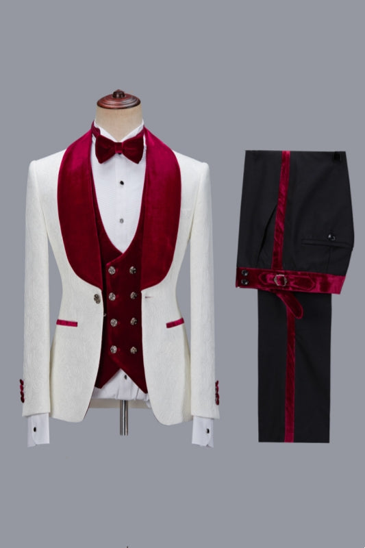 White Jacquard Burgundy Velvet Shawl Lapel 3 Piece Men Suits