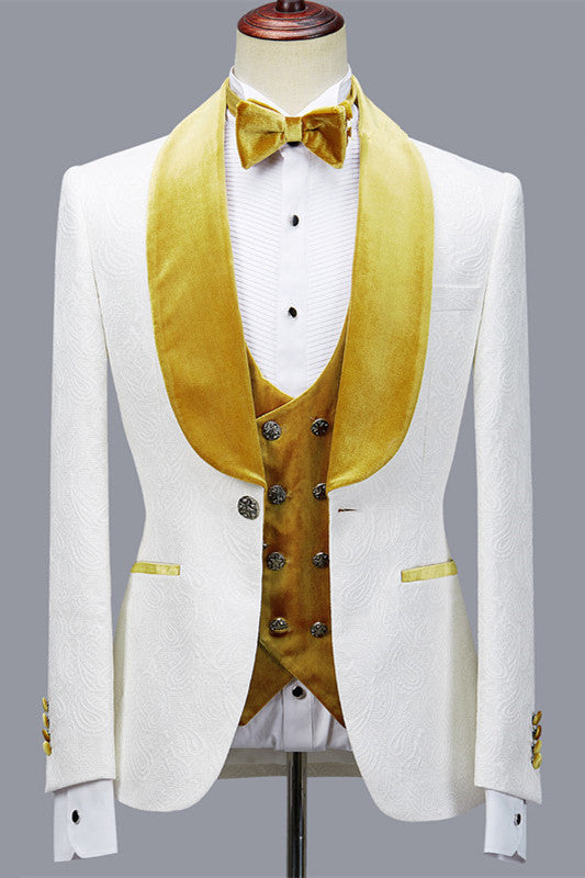 White Jacquard Yellow Velvet Shawl Lapel 3 Piece Men Suits