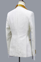White Jacquard Yellow Velvet Shawl Lapel 3 Piece Men Suits