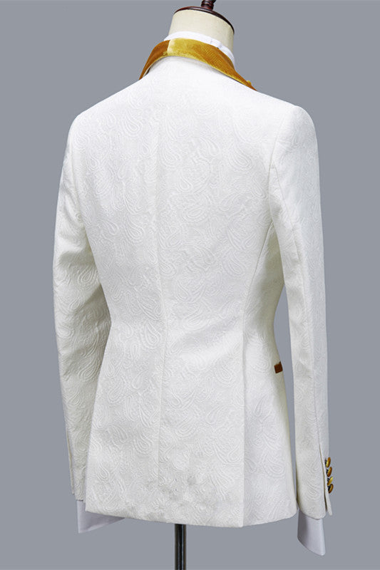 White Jacquard Yellow Velvet Shawl Lapel 3 Piece Men Suits