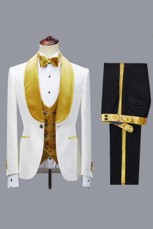 White Jacquard Yellow Velvet Shawl Lapel 3 Piece Men Suits