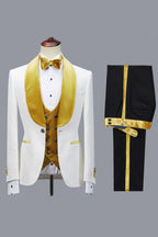 White Jacquard Yellow Velvet Shawl Lapel 3 Piece Men Suits