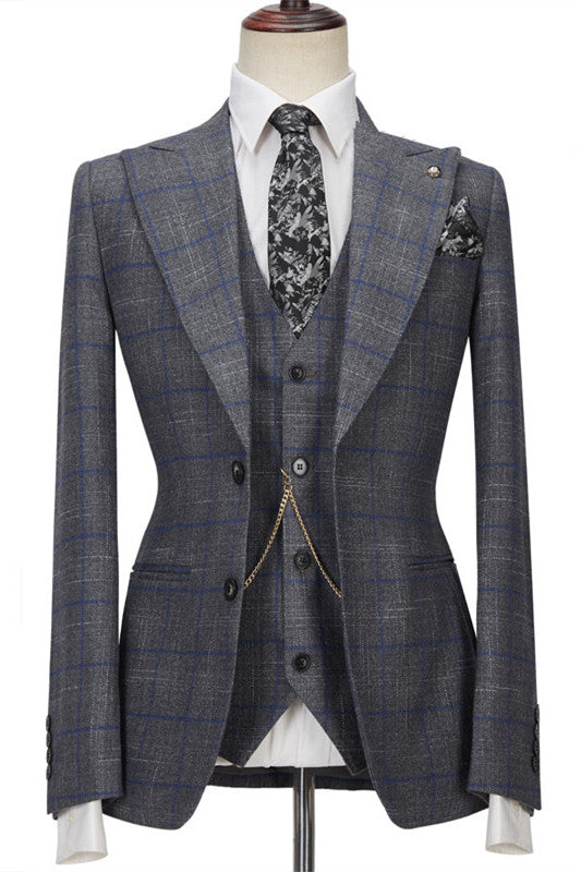 Gray Newest Peaked Lapel Plaid 3 Piece Men Suits