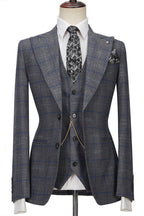 Gray Newest Peaked Lapel Plaid 3 Piece Men Suits
