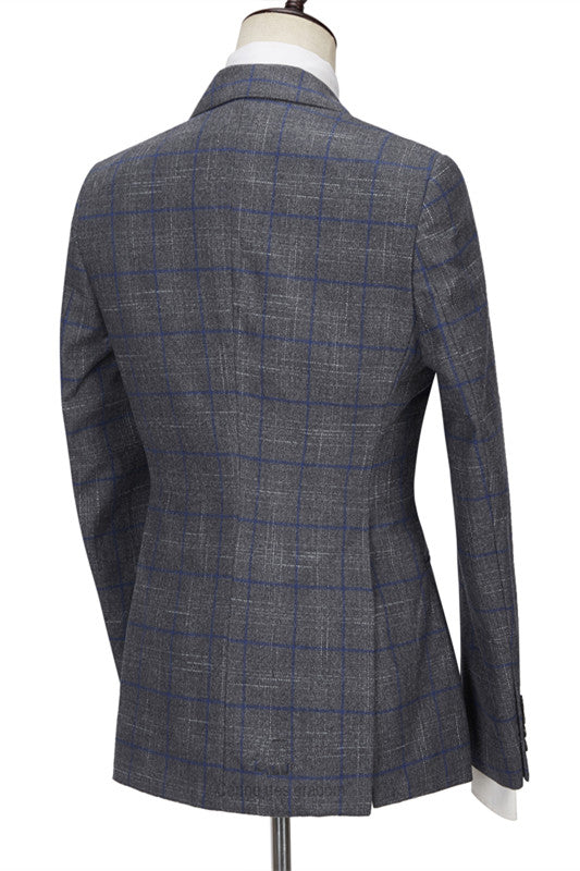 Gray Newest Peaked Lapel Plaid 3 Piece Men Suits
