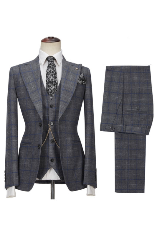 Gray Newest Peaked Lapel Plaid 3 Piece Men Suits