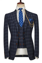 Chic Dark Blue Peaked Lapel Plaid 3 Piece Men Suits