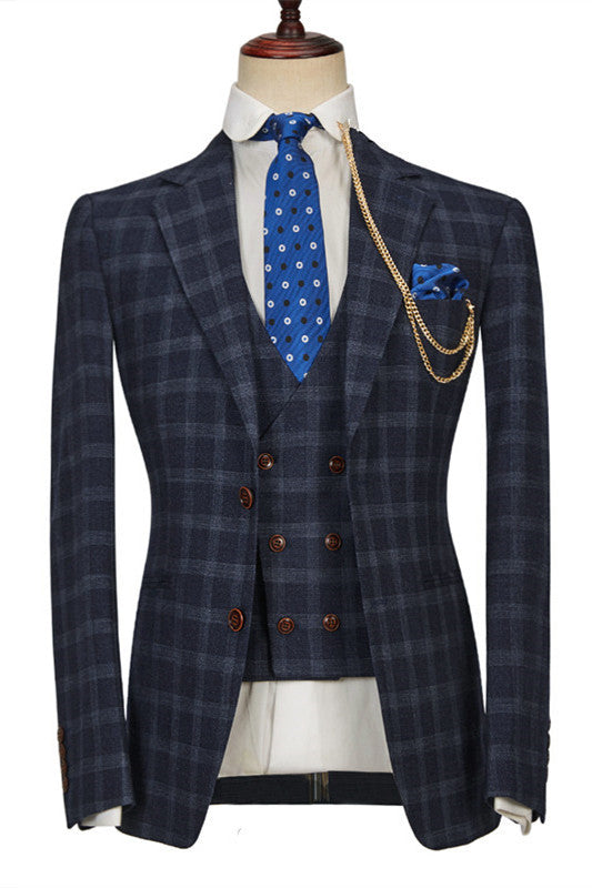 Chic Dark Blue Peaked Lapel Plaid 3 Piece Men Suits