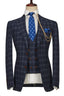 Chic Dark Blue Peaked Lapel Plaid 3 Piece Men Suits