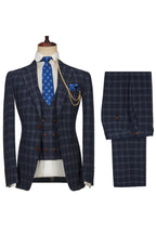 Chic Dark Blue Peaked Lapel Plaid 3 Piece Men Suits