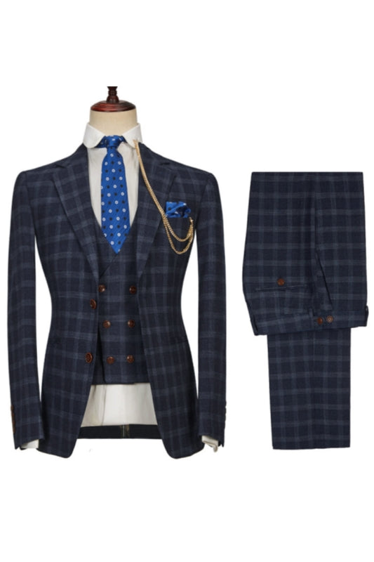 Chic Dark Blue Peaked Lapel Plaid 3 Piece Men Suits