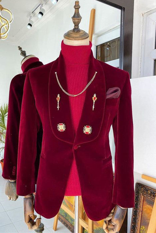Red Velvet Shawl Lapel Charming Suits For Men Main image