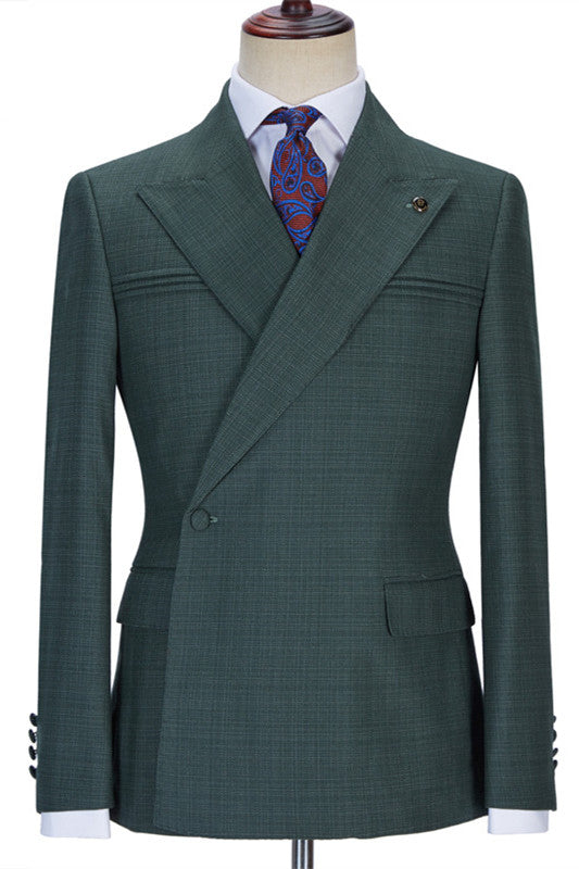 Dark Forest Green Peaked Lapel Ruffles Men Suits