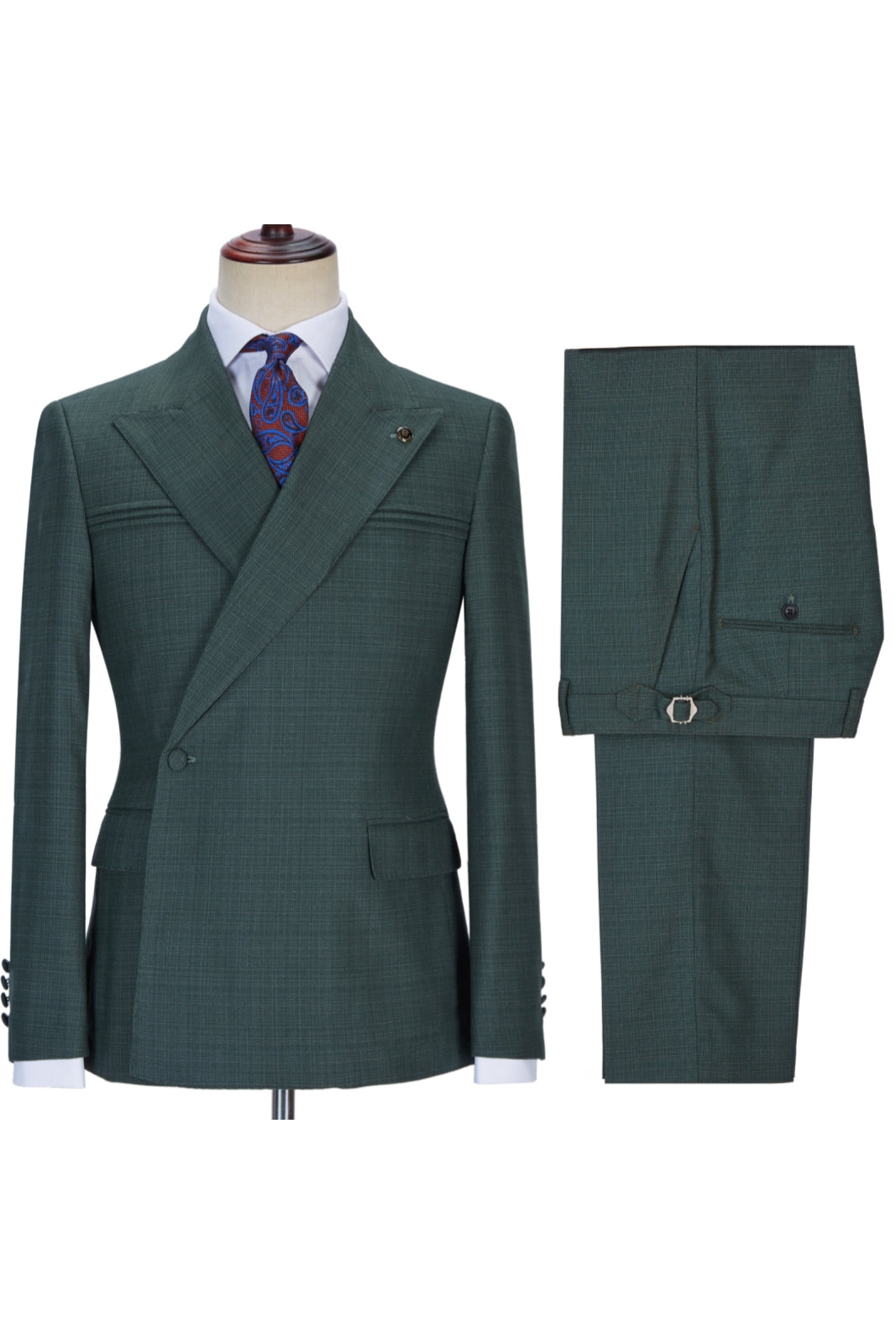 Dark Forest Green Peaked Lapel Ruffles Men Suits