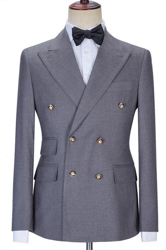 Classic Gray Double Breasted Peaked Lapel Suits For Men