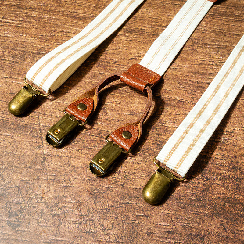 Beige Y-Back Striped Clip-On Suspenders