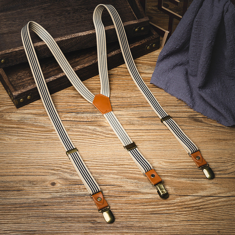 Khaki Elastic Striped Clip Suspenders