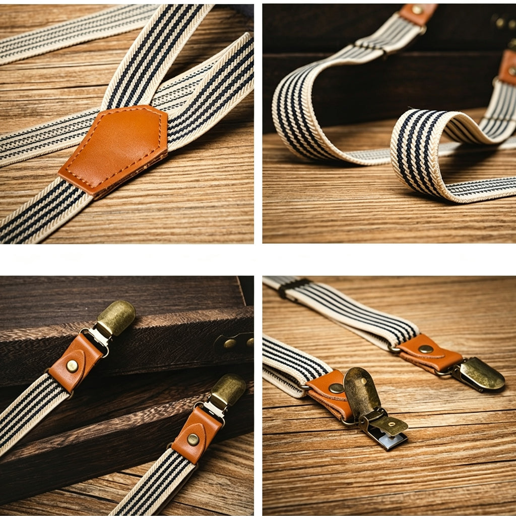 Khaki Elastic Striped Clip Suspenders