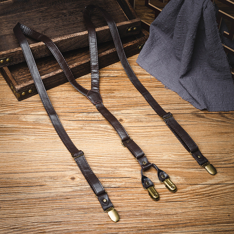 Coffee Leather Y-Back Clip Suspenders