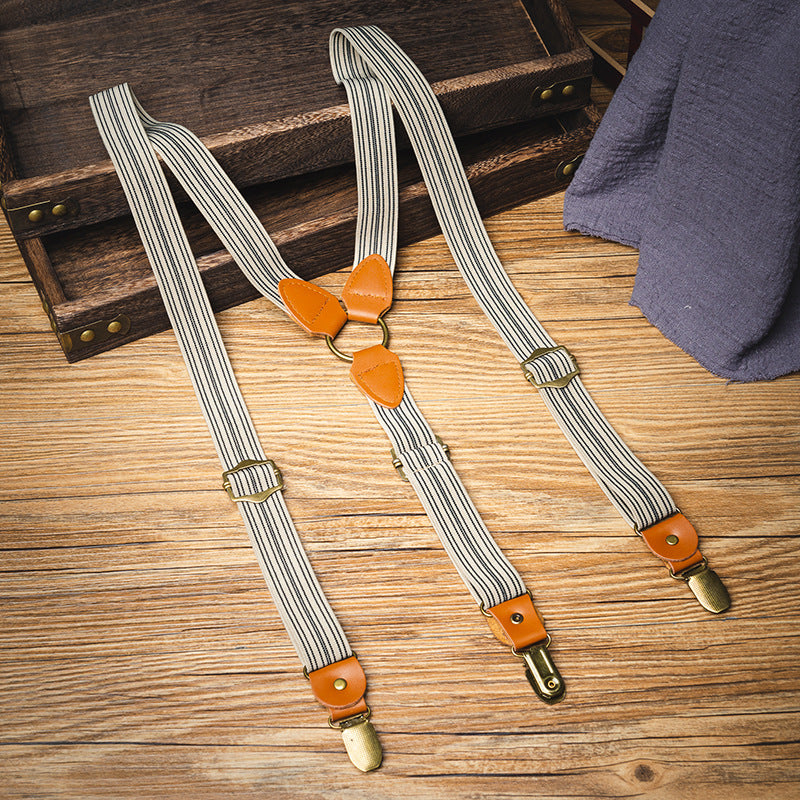 Khaki 3-Clip Striped Men's Suspenders