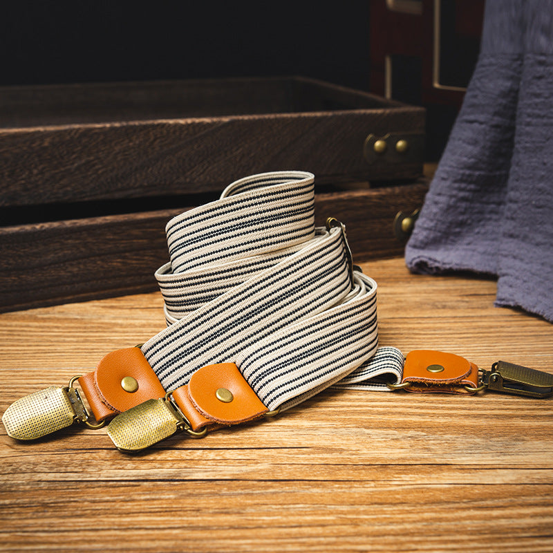 Khaki 3-Clip Striped Men's Suspenders