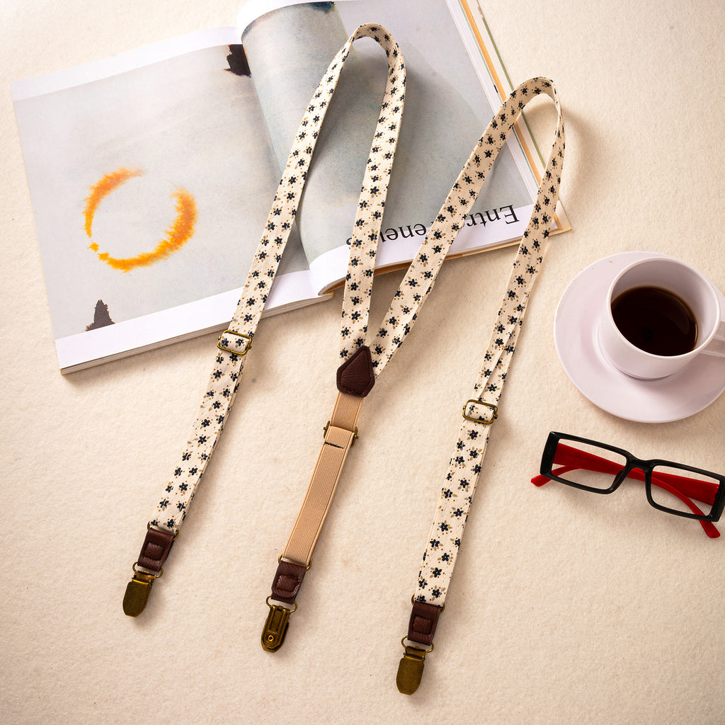 White Floral Print Fashion Clip-On Suspenders