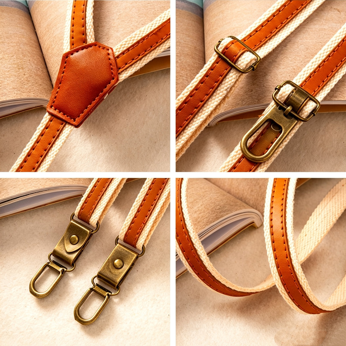 Beige Webbing Leather Patch Clip-On Suspenders