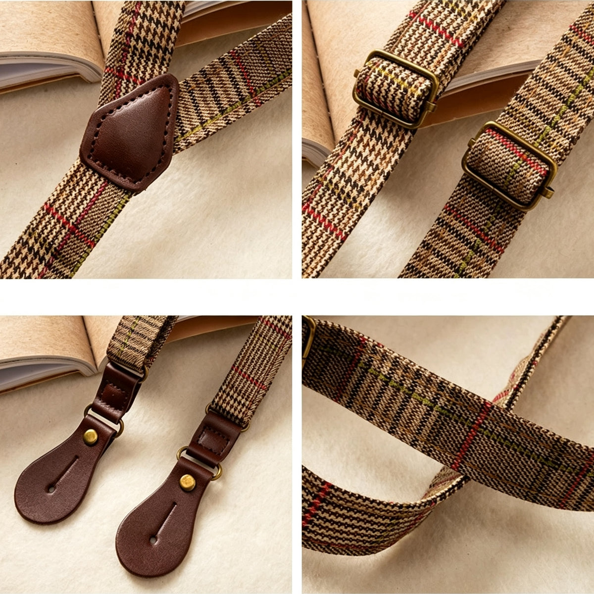 Khaki Plaid Vintage Clip-On Suspenders