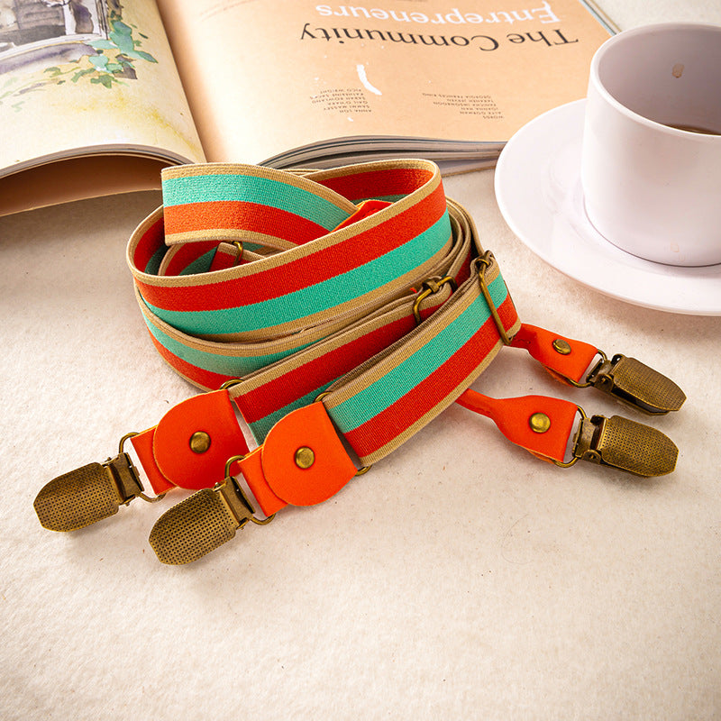 Fashion Orange Green Apricot Striped Clip-On Suspenders