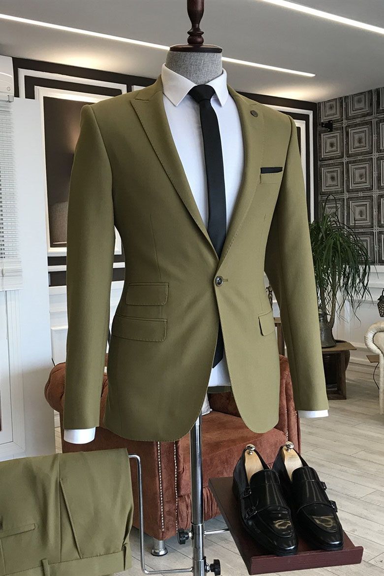 Khaki Olive One Button Peaked Lapel Men Suits Main image