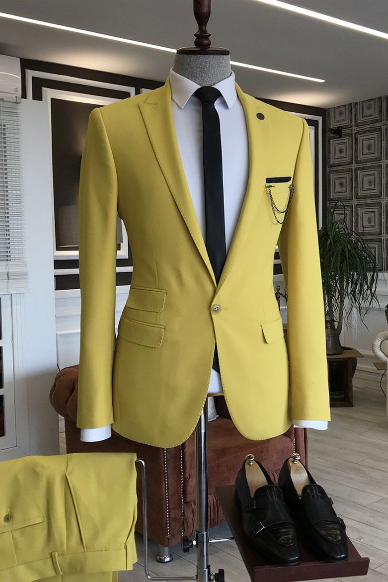 Charming Yellow One Button Peaked Lapel Men Suits
