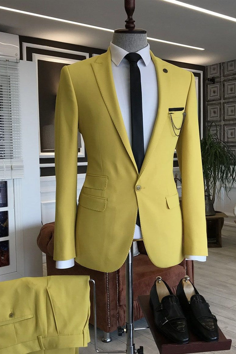 Charming Yellow One Button Peaked Lapel Men Suits