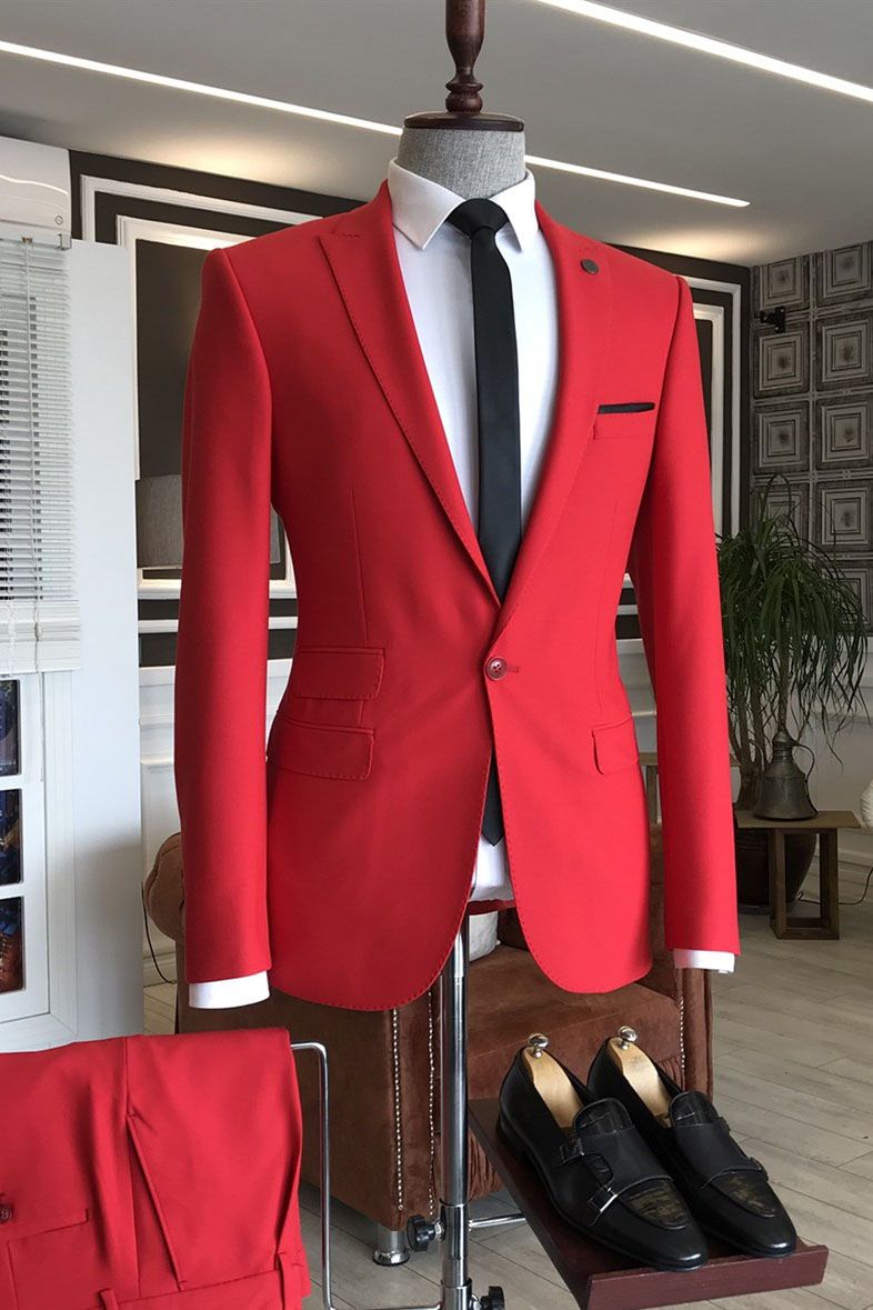 Bright Red One Button Peaked Lapel Men Suits
