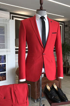 Bright Red One Button Peaked Lapel Men Suits